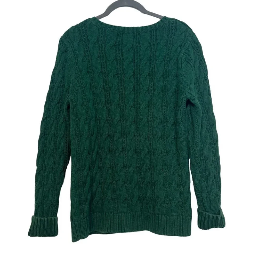 Lands End Cable Knit Cotton Fisherman Sweater Hunter Green Womens MP Snug Fit